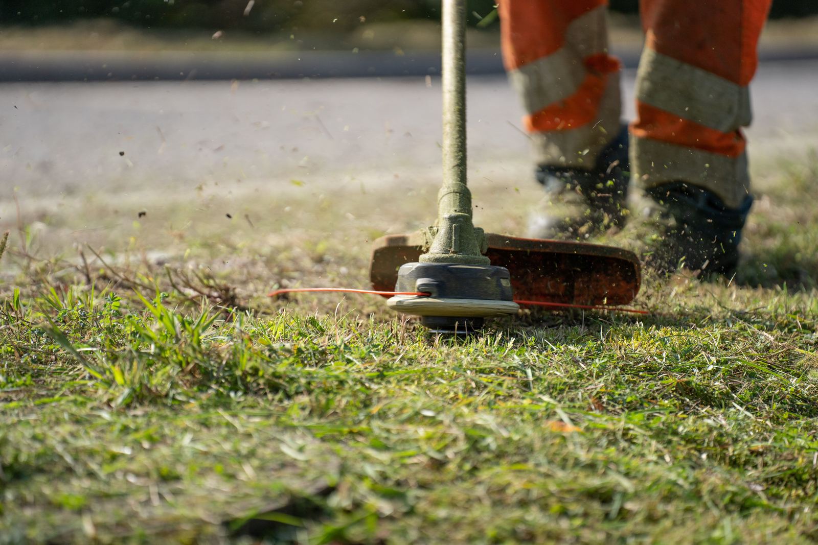 A line trimmer cutting grass along a verge